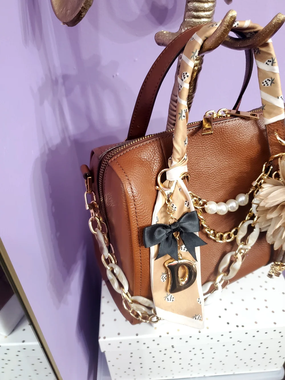 Stylish Brown Women's Satchel Bag with Pearl & Floral Charm